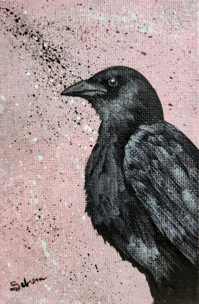 Crow painting by Sabrina Leclerc at Coyote Trail Farm